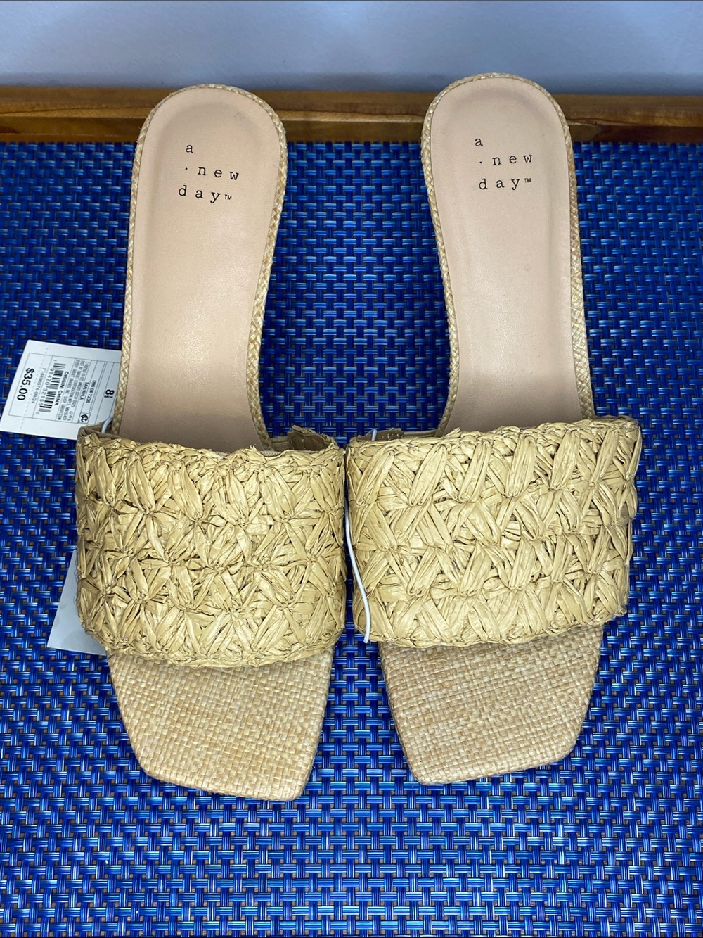 NWT, Women's Ayla Raffia Slide Heels Memory Foam Insole - A New Day Tan, sz. 8.5